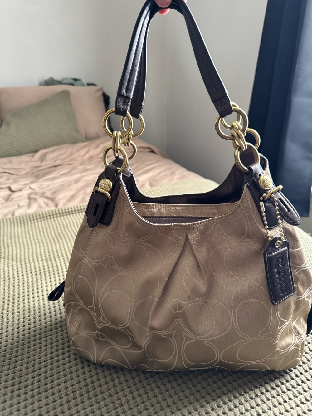 2000s Coach Madison Beige Signature Shoulder Bag with Dark Brown Leather Handles